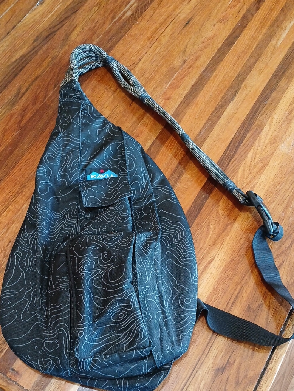 Kavu Black Topo Print Sling Bag with Blue Logo